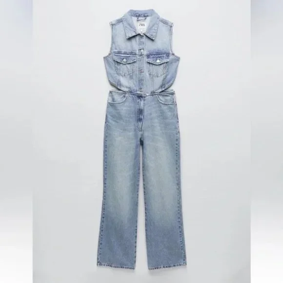 ZARA FULL LENGTH CUT OUT DENIM JUMPSUIT - Picture 4 of 7